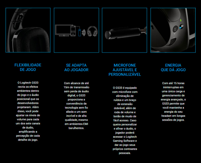 Headset Gamer Logitech G533 Sem Fio 7.1 Surround Drivers Pro-G - 981-000633